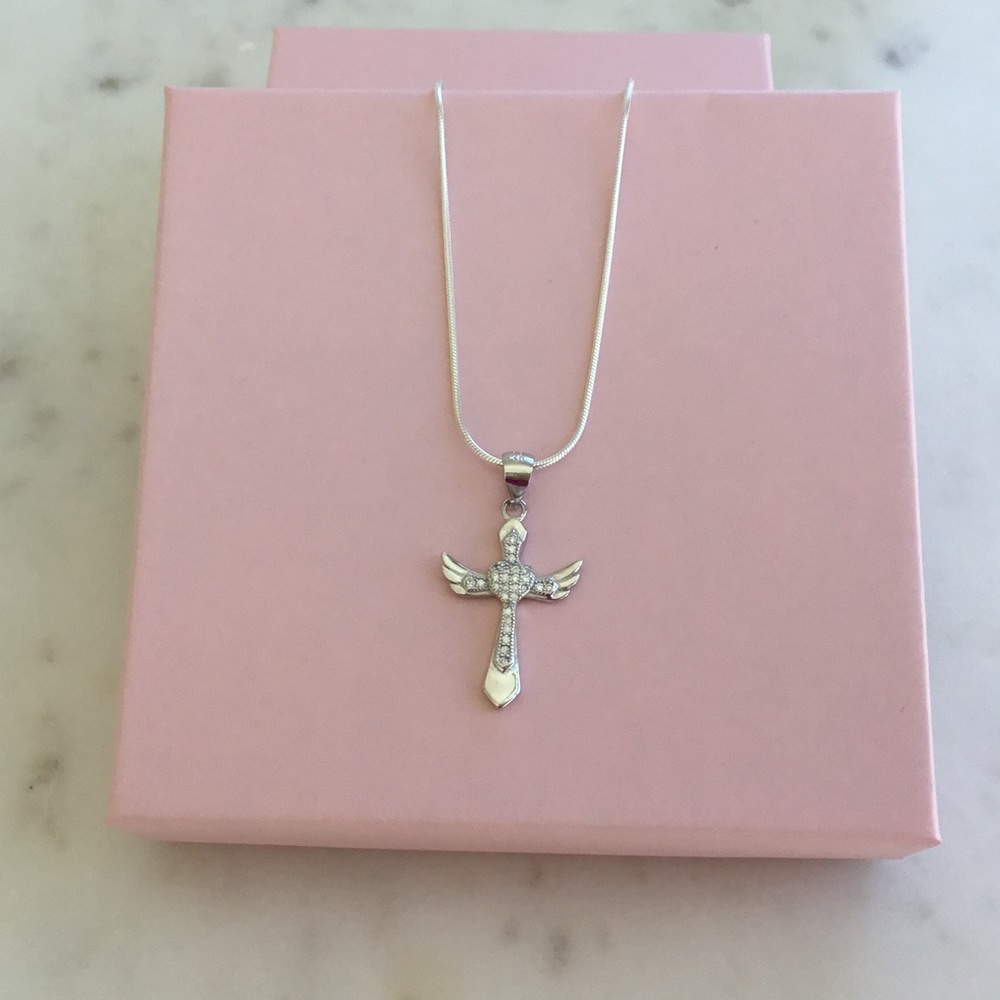 Sterling Silver Cz Cross with Angel Wings Necklace - Picture 5 of 16